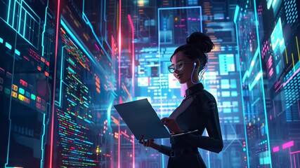 woman in futuristic data center works on glowing screen filled with data and code, tech professional or hacker in cyberpunk, neon-lit world - Powered by Adobe
