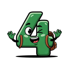 3d icon of green number 4 character with a backpack and a winking face, waving its hands, isolated on transparent background