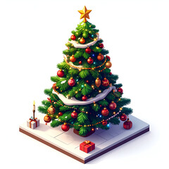 Festive Christmas Tree with Ornaments and Gifts on a White Background.