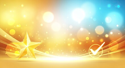 Golden star with a checkmark on a colorful, blurred background with glowing lights.
