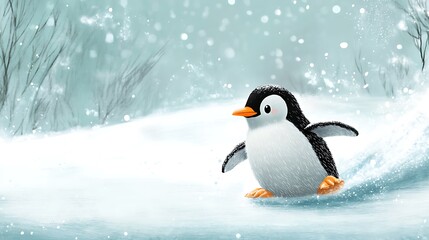 Fototapeta premium A penguin sliding on ice