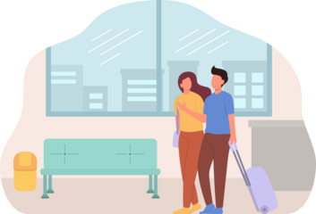 Couple Traveling Together at Airport with Luggage and Waiting Area With Neutral Palette
