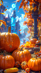 Autumnal Pumpkins in a Whimsical Townscape.