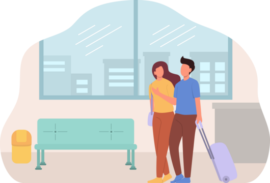 Couple Traveling Together at Airport with Luggage and Waiting Area With Neutral Palette