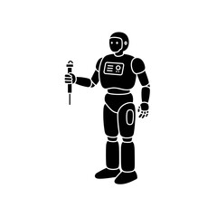 Medical robot holding a surgical tool in black and white design