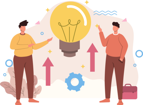 Creative Collaboration with Businessmen and Light Bulb Illustration Symbolizing Idea Generation on Transparent Background