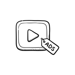 Obraz premium Play button icon with ads tag in a doodle style illustration for advertising and marketing concepts