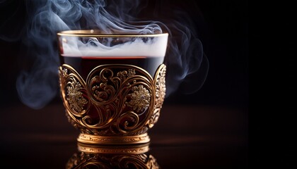 close up of an ornate glass filled with dark swirling liquid and smoke creating a mysterious and luxurious atmosphere perfect for beverage or luxury brand promotions