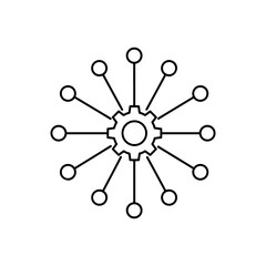Gear with radiating connections to circles representing a network in a minimalist line drawing style art