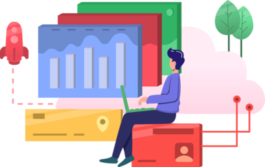 Data Center Illustration Featuring Person at Laptop Graphs and Cloud Computing Elements on Transparent Background