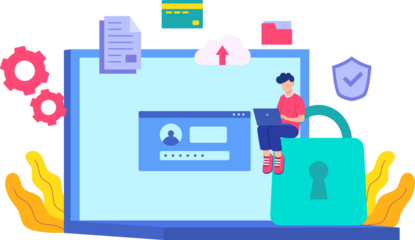 Data Security Illustration Featuring a Padlock Laptop Cloud and Gears on Transparent Background