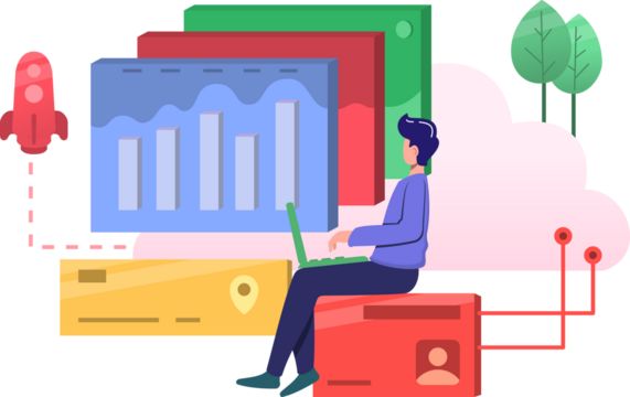 Data Center Illustration Featuring Person at Laptop Graphs and Cloud Computing Elements on Transparent Background