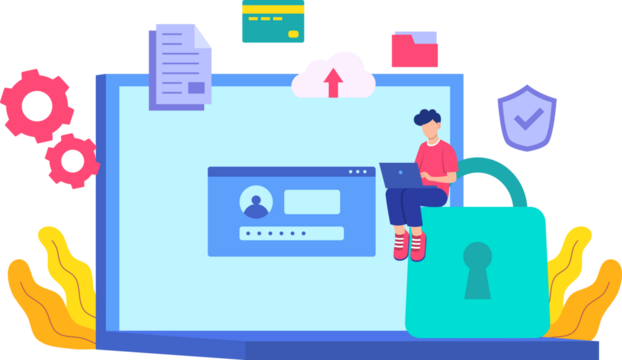 Data Security Illustration Featuring a Padlock Laptop Cloud and Gears on Transparent Background