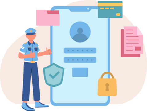 Data Security Illustration Featuring Blue Smartphone Login Screen with Security Guard Padlock Credit Card and Shield on Transparent Background - Powered by Adobe