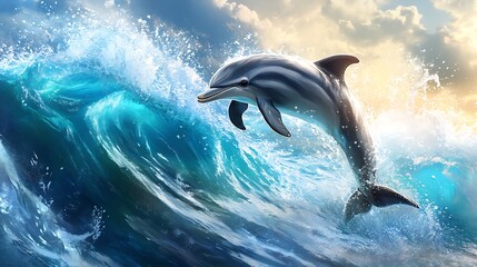 Naklejka premium A playful dolphin jumping through waves