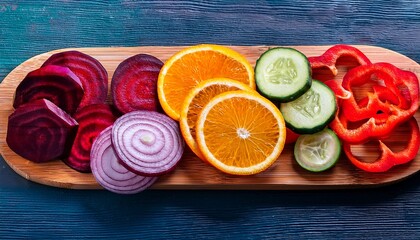sliced oranges peppers onions cucumbers and beets on a wooden board