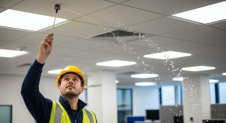 Firefighter testing sprinkler system in commercial building to ensure fire safety standards