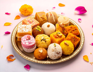 Assorted Indian sweets mithai served on a golden platter for a festive occasion.