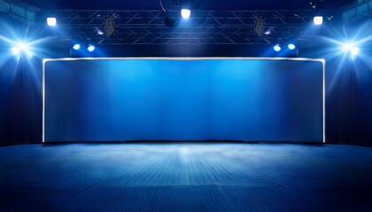 empty public speaking stage with plain blue backdrop and spotlights from front
