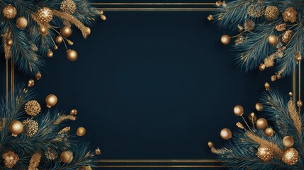Elegant Christmas border with festive pine branches and golden ornaments on a dark background