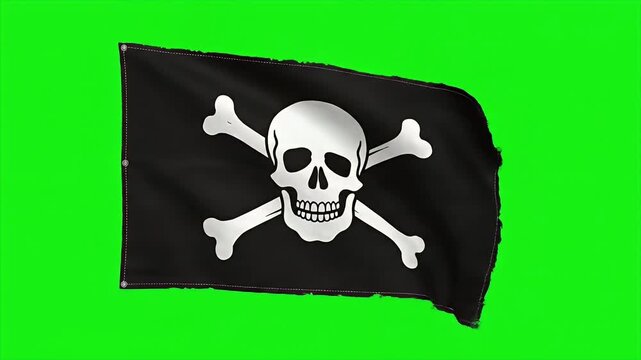 Pirate Flag Waving on Green Screen - Jolly Roger Symbol of Adventure and Rebellion.