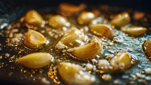 Sizzling garlic cloves in hot oil unleash aromatic flavors for enhancing dishes