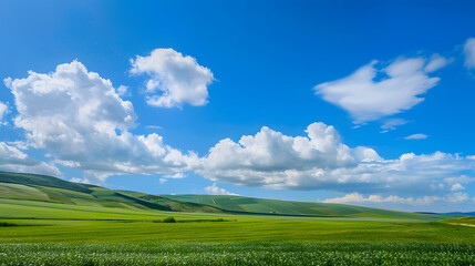 Lush green fields under a vibrant blue sky