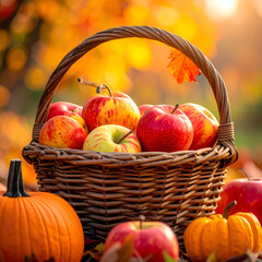 Autumn Harvest Basket with Apples and Pumpkins in Sunlight.