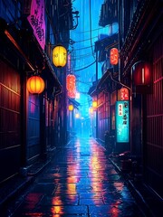 Fototapeta premium Wet Urban Street with Red and Yellow Lanterns at Night