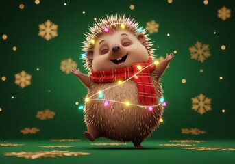 Happy Cartoon Hedgehog with Christmas Lights and Red Scarf Dancing