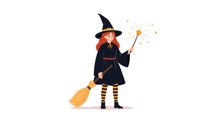 A cheerful cartoon witch holding a broomstick and a magic wand with sparkling stars.