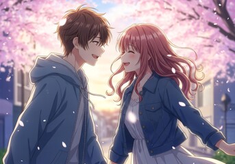 Smiling Anime Couple Holding Hands in Sakura Blossoms Anime Style
