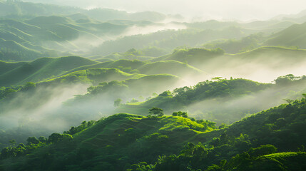 Misty rolling hills with greenery