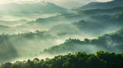 Misty mountain landscape with sun rays