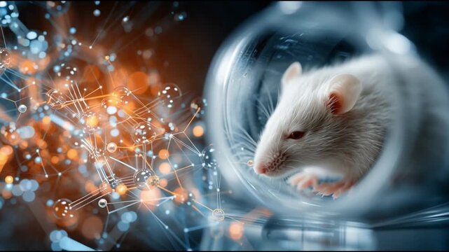 Rapamycin. Longevity. mTOR inhibition. Cell regeneration. Anti-aging. Pharmaceutical science. A white lab mouse in a scientific environment with molecular structures.