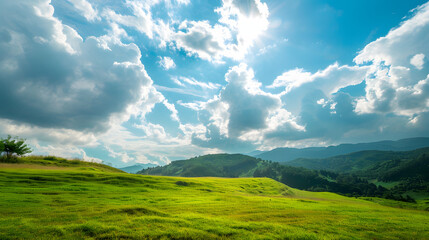 Lush green hills under a bright blue sky