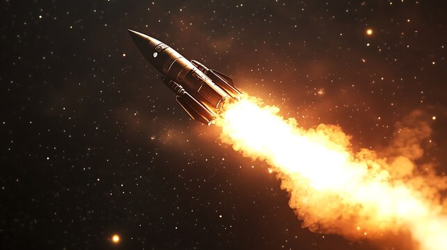 Dynamic rocket launch into the dark, starlit cosmos with a blazing exhaust, embodying technological advancement and humanity's ambitious journey into space and discovery
