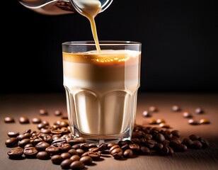 clear glass of creamy drink being poured with coffee beans scattered on surface