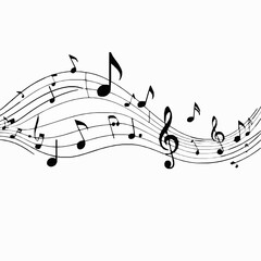 Black musical notes and treble clefs on a white background forming a wavy staff g-clef