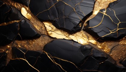 luxurious black stone background with shimmering gold veins a macro shot of a mineral rock surface with metallic cracks