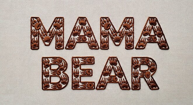 Embroidered " Mama Bear" Text with Paw Print Letters on Textured Fabric embroidery paw prints - Powered by Adobe
