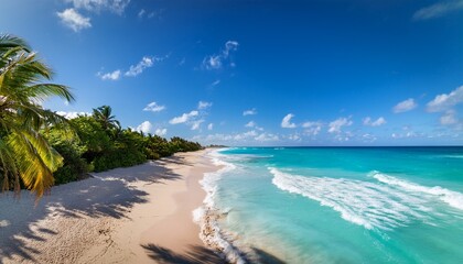 waves crashing along the sandy beach of the mexican caribbean with palm tree shadows stretching into the turquoise water under a sunny sky symbolizing tropical travel destinations