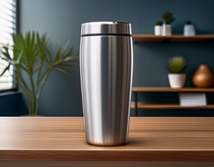 tumbler mockup on desk metallic finish bright studio lighting