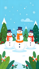 Three Happy Snowmen Standing Together in a Snowy Winter Forest Scene.