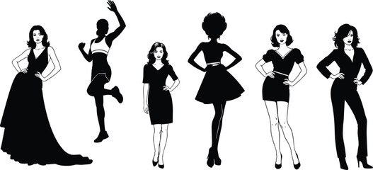 Obraz premium Stylized female silhouette collection showcasing fashion diversity, dynamic poses, and expressive body language for design, animation, and inspiration.