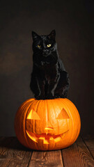 Black cat perched atop a carved Halloween pumpkin.