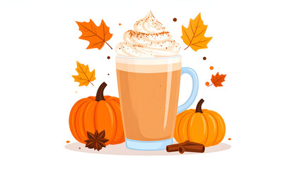 Autumnal Pumpkin Spice Latte Illustration with Pumpkins and Maple Leaves.