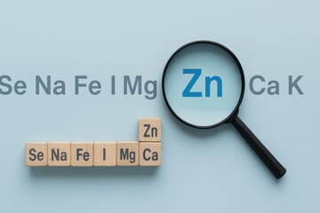 Focused observation of "Zn," zinc, with a magnifying glass on a light blue background, adjacent to other mineral symbols arranged in a row and a column, conceptualizing elements of the periodic table.