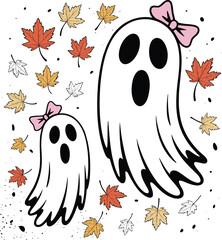 A cute Halloween illustration of two white ghost characters with pink bows on their heads against a dark gray background 
