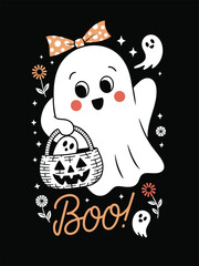 A cute Halloween illustration on a black background featuring a large white kawaii style ghost wearing an orange polka dotted bow on its head